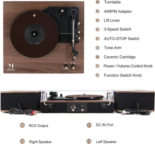 Alt view image 2 of 7 - Bluetooth Record Player,Turntable HiFi System with Bookshelf Speakers, 3-Speed Belt-Drive Vinyl Turntable for Vinyl Records with Wireless Playback and Auto-Stop,Walnut Wood