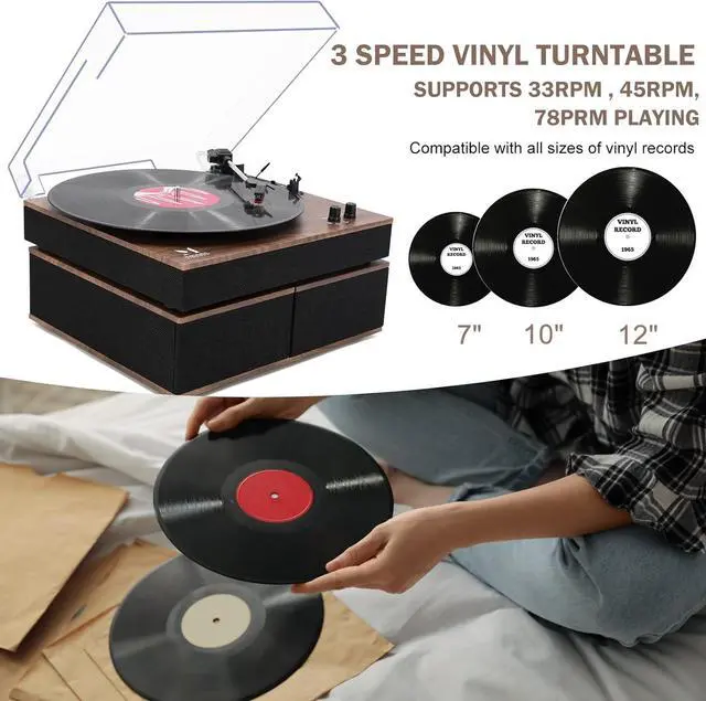 Alt view image 4 of 7 - Bluetooth Record Player,Turntable HiFi System with Bookshelf Speakers, 3-Speed Belt-Drive Vinyl Turntable for Vinyl Records with Wireless Playback and Auto-Stop,Walnut Wood
