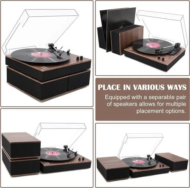 Alt view image 5 of 7 - Bluetooth Record Player,Turntable HiFi System with Bookshelf Speakers, 3-Speed Belt-Drive Vinyl Turntable for Vinyl Records with Wireless Playback and Auto-Stop,Walnut Wood