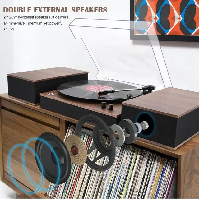 Alt view image 3 of 7 - Bluetooth Record Player,Turntable HiFi System with Bookshelf Speakers, 3-Speed Belt-Drive Vinyl Turntable for Vinyl Records with Wireless Playback and Auto-Stop,Walnut Wood