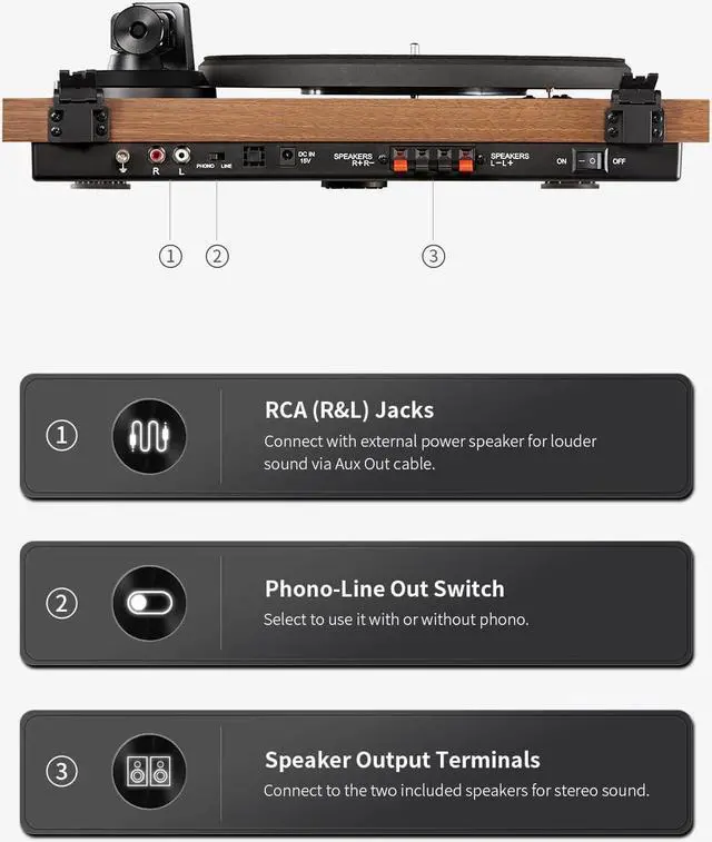 Alt view image 6 of 6 - Vinyl Record Player, Hi-Fi System Bluetooth Turntable Players with Stereo Bookshelf Speakers, Built-in Phono Preamp, Belt Drive 2-Speed, Adjustable Counterweight, AT-3600L
