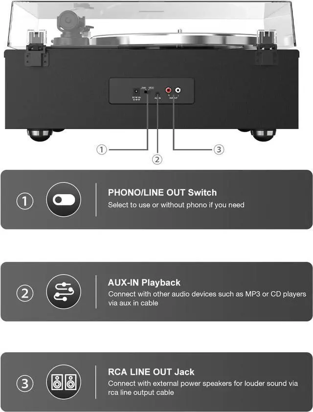 Alt view image 3 of 5 - Record Player High Fidelity Turntable for Vinyl Records Built-in 4 Stereo Speakers All-in-One Vinyl Player Belt Drive Turn Table MM Cartridge ATN-3600L Stylus 33 45 Speed BT Wireless Classic Black
