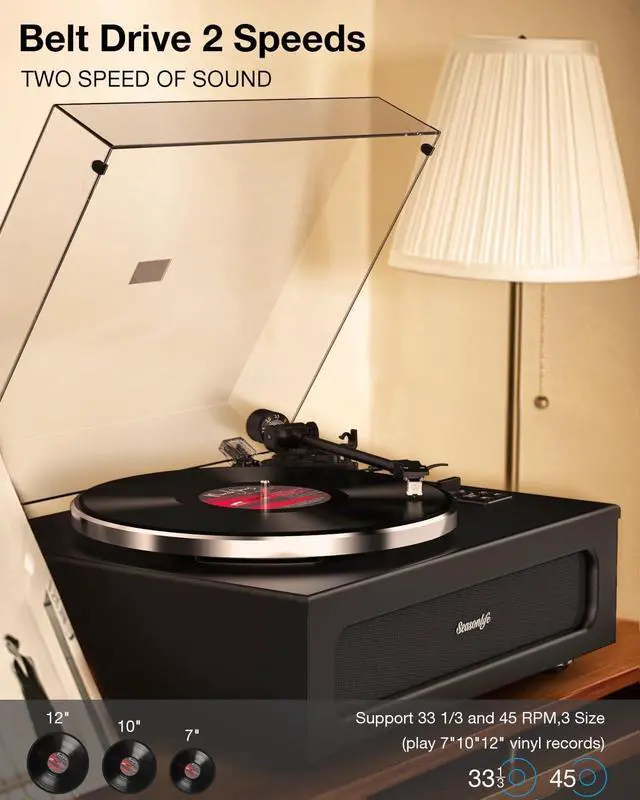 Alt view image 5 of 5 - Record Player High Fidelity Turntable for Vinyl Records Built-in 4 Stereo Speakers All-in-One Vinyl Player Belt Drive Turn Table MM Cartridge ATN-3600L Stylus 33 45 Speed BT Wireless Classic Black