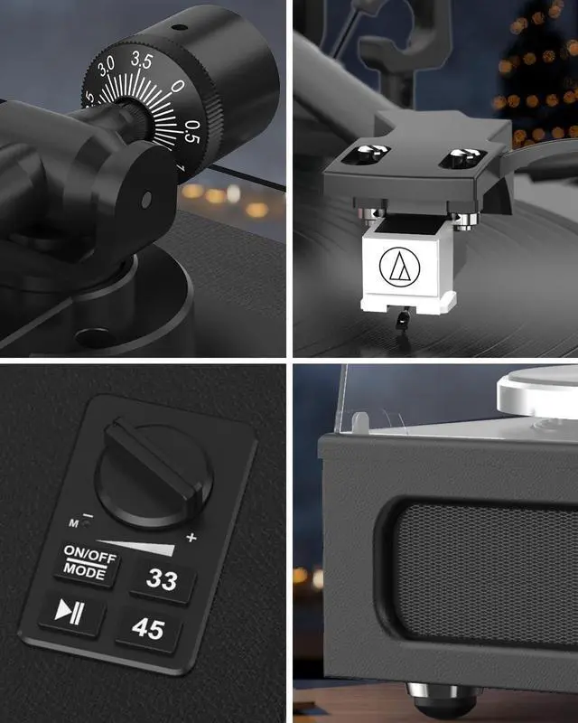 Alt view image 2 of 5 - Record Player High Fidelity Turntable for Vinyl Records Built-in 4 Stereo Speakers All-in-One Vinyl Player Belt Drive Turn Table MM Cartridge ATN-3600L Stylus 33 45 Speed BT Wireless Classic Black
