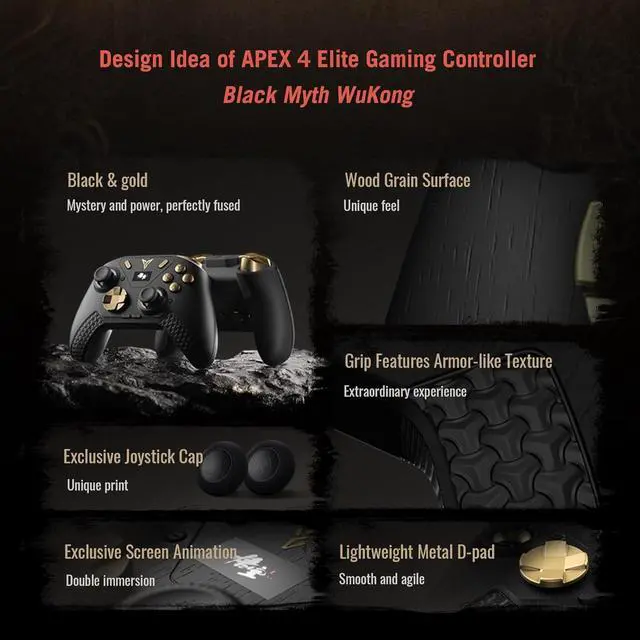 Alt view image 6 of 7 - FLYDIGI APEX 4 Game Controller Black Myth: Wukong Edition - Force Feedback Trigger Force-Adjustable Full-Color LCD Display 1500mAh Four-Motors Areas Stereo Vibration PC/NS/TV/Android/Laptop