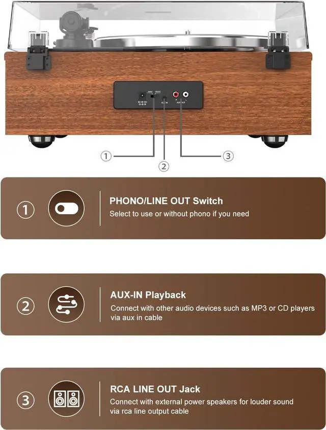 Alt view image 3 of 6 - Record Player Retro Turntable for Vinyl Records All-in-One High Fidelity Vinyl Player Built-in 4 Stereo Speakers Phono Preamp Bluetooth Auto Stop MM Cartridge ATN3600L Vintage Brown