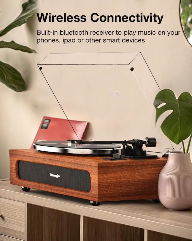Alt view image 6 of 6 - Record Player Retro Turntable for Vinyl Records All-in-One High Fidelity Vinyl Player Built-in 4 Stereo Speakers Phono Preamp Bluetooth Auto Stop MM Cartridge ATN3600L Vintage Brown