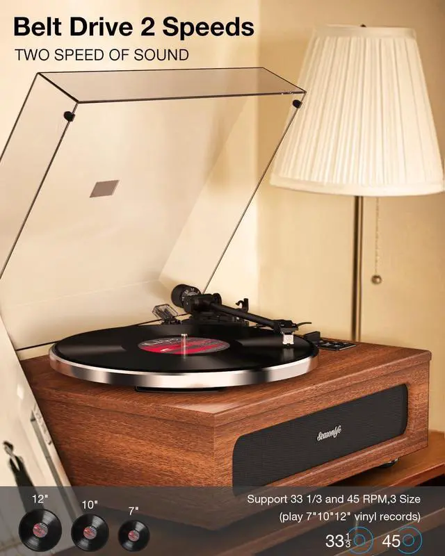 Alt view image 5 of 6 - Record Player Retro Turntable for Vinyl Records All-in-One High Fidelity Vinyl Player Built-in 4 Stereo Speakers Phono Preamp Bluetooth Auto Stop MM Cartridge ATN3600L Vintage Brown