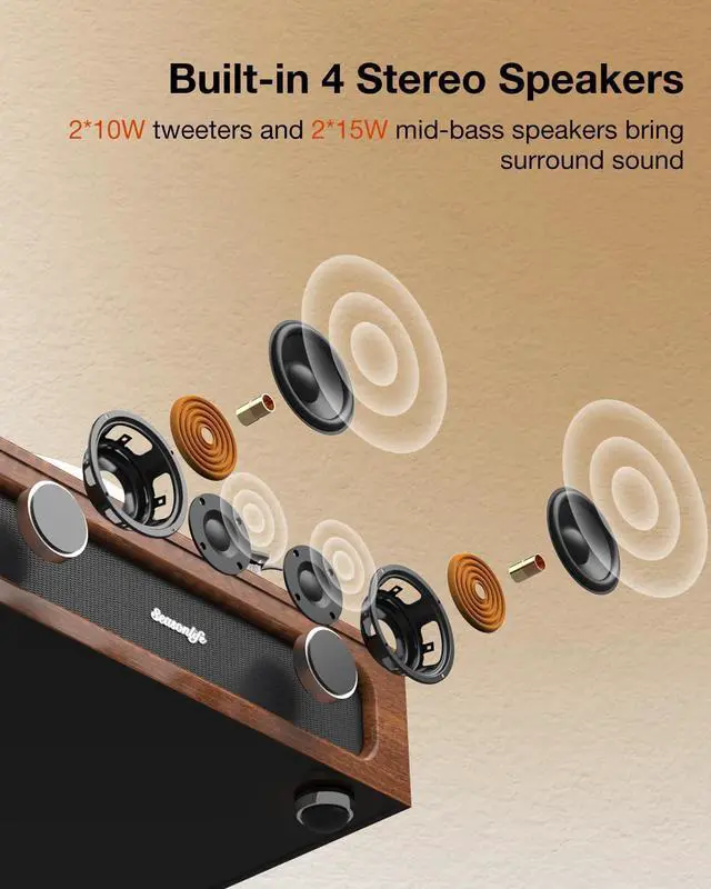 Alt view image 4 of 6 - Record Player Retro Turntable for Vinyl Records All-in-One High Fidelity Vinyl Player Built-in 4 Stereo Speakers Phono Preamp Bluetooth Auto Stop MM Cartridge ATN3600L Vintage Brown