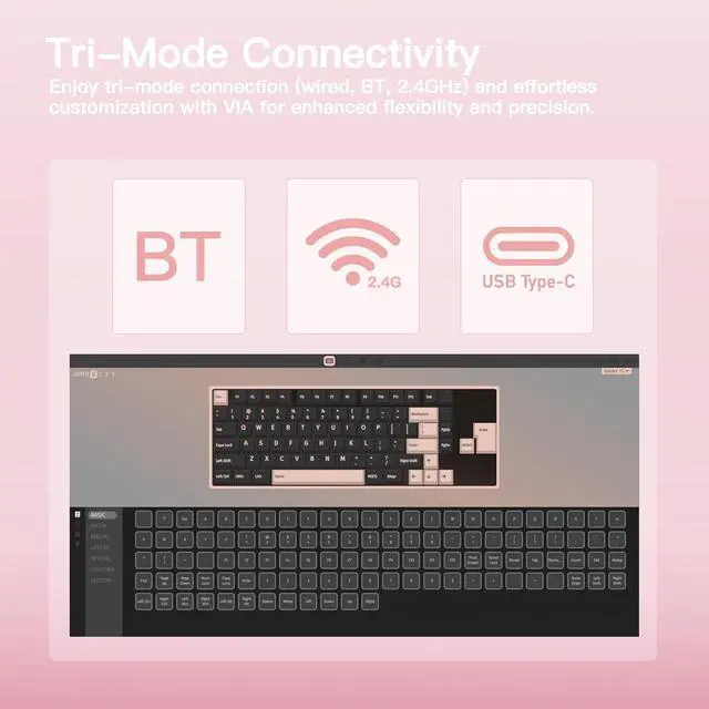 Alt view image 5 of 6 - WOB Rainy75 CNC Aluminum HMX/JWK/Cocoa Switches Triple-Mode Connectivity Mechanical Keyboard with Superior Acoustics, RGB/FR4/Silver SUS304/7000mAh/Cocoa Switch - Pink