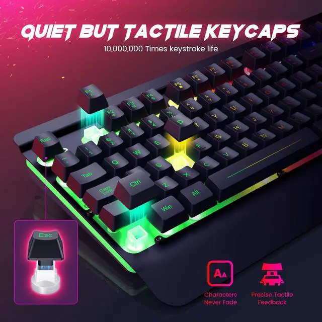 Alt view image 5 of 7 - Wired Gaming Keyboard and Mouse Combo, 104 Keys All-Metal Panel Rainbow Computer Keyboard with Multimedia Keys Wrist Rest and LED Backlit Gaming Mouse 4200 DPI for Windows PC Gamers (Black)