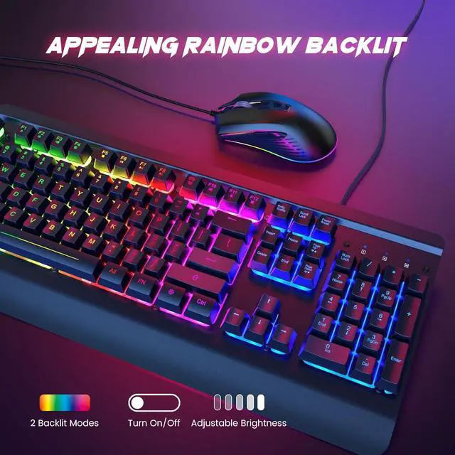 Alt view image 3 of 7 - Wired Gaming Keyboard and Mouse Combo, 104 Keys All-Metal Panel Rainbow Computer Keyboard with Multimedia Keys Wrist Rest and LED Backlit Gaming Mouse 4200 DPI for Windows PC Gamers (Black)