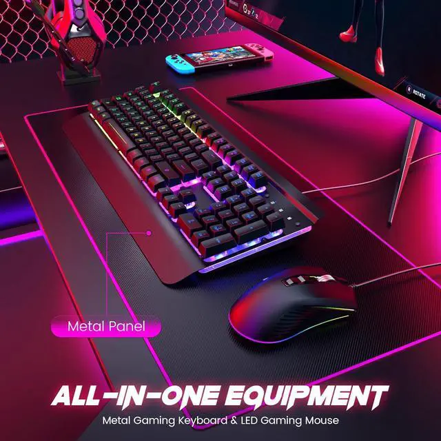 Alt view image 2 of 7 - Wired Gaming Keyboard and Mouse Combo, 104 Keys All-Metal Panel Rainbow Computer Keyboard with Multimedia Keys Wrist Rest and LED Backlit Gaming Mouse 4200 DPI for Windows PC Gamers (Black)