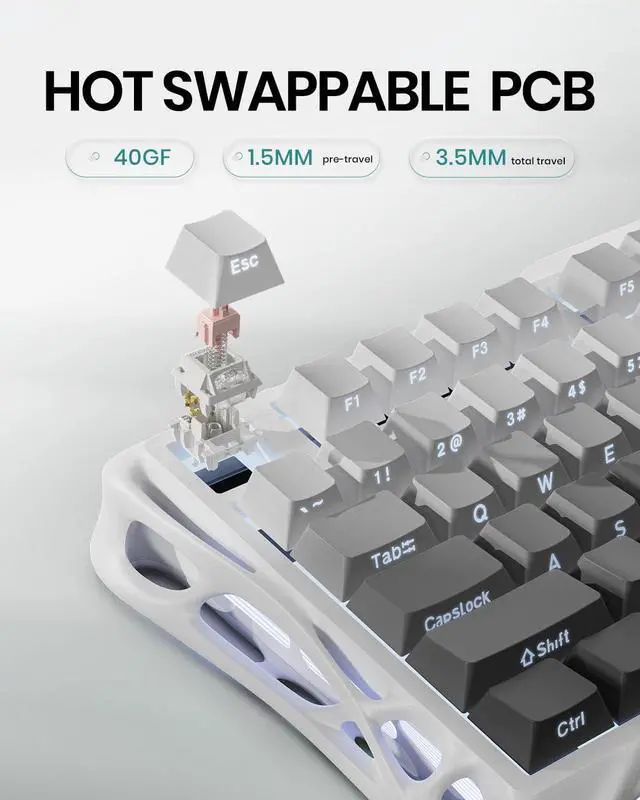 Alt view image 5 of 7 - GravaStar Mercury,K1 75% Wireless Mechanical Gaming Keyboard, Aluminum Alloy Exoskeleton Design, Gasket Custom Keyboard Hot-Swap Socket, Linear Switches, RGB Backlit - Gradient White