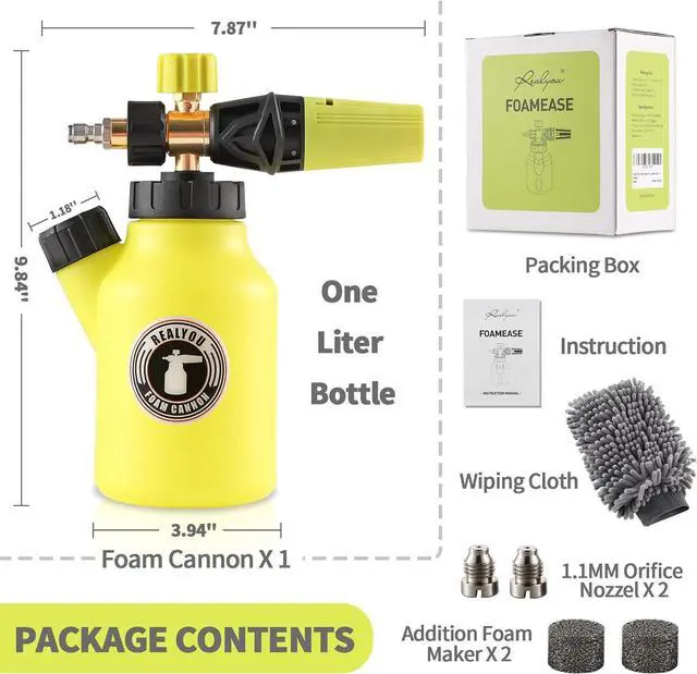 Alt view image 6 of 6 - Foam Cannon up to 4500 PSI, Foam Cannon for Pressure Washer with 1/4'' Quick Connector, Snow Foam Cannon with Adjustable Nozzle and 1L Foam Cannon Bottle, Fits Most Car Washing Accessories