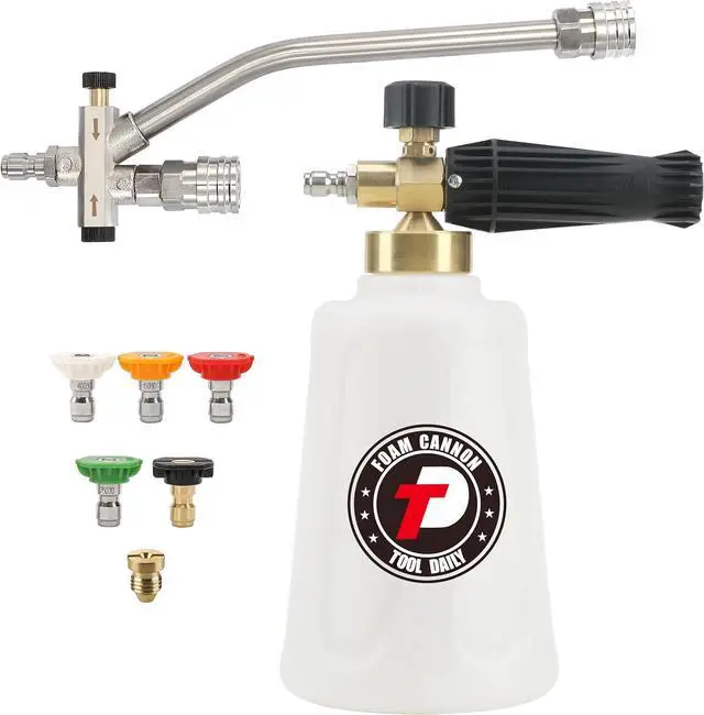 Main image of Foam Cannon for Pressure Washer with Double Tip Attachment, Dual Lance Wide Mouth Soap Cannon, 5 Power Washer Sprayer Nozzles, 1/4" Quick Connect, 3600 PSI