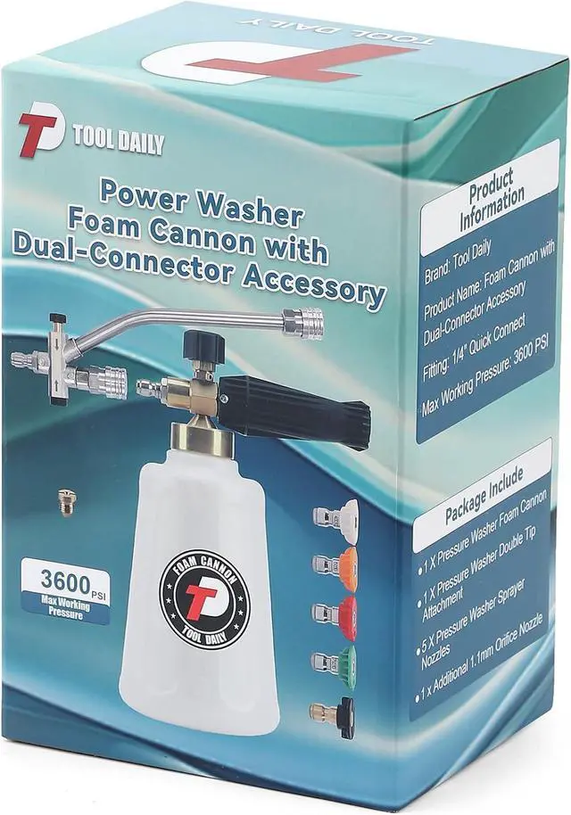 Alt view image 7 of 7 - Foam Cannon for Pressure Washer with Double Tip Attachment, Dual Lance Wide Mouth Soap Cannon, 5 Power Washer Sprayer Nozzles, 1/4" Quick Connect, 3600 PSI