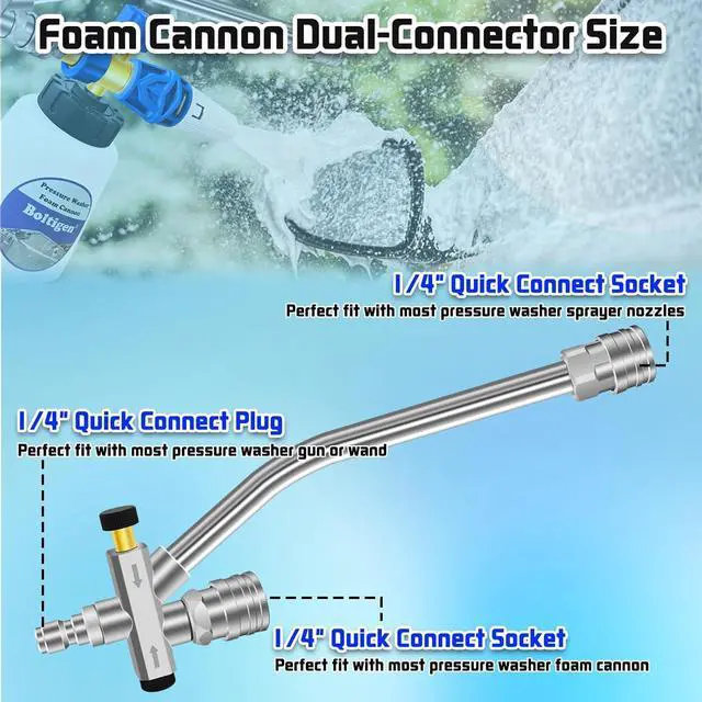 Alt view image 5 of 7 - Pressure Washer Foam Cannon with Dual-Connector Tool, Pressure Washer Foam Lance Jet Wash Sprayer with M22-14 and 1/4 Inch Quick Connect, Adjustable Soap Dispenser, 1 Liter, 1/4 Double Tip Attachment