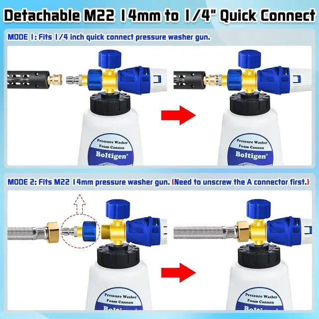 Alt view image 7 of 7 - Pressure Washer Foam Cannon with Dual-Connector Tool, Pressure Washer Foam Lance Jet Wash Sprayer with M22-14 and 1/4 Inch Quick Connect, Adjustable Soap Dispenser, 1 Liter, 1/4 Double Tip Attachment