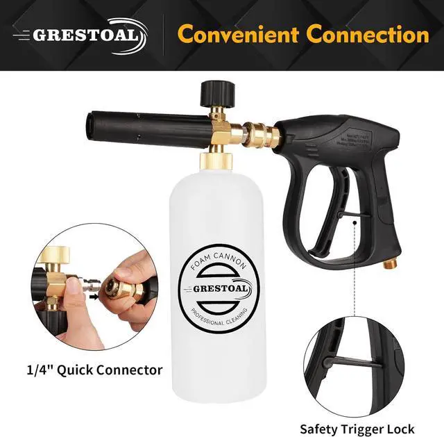 Alt view image 3 of 6 - Pressure Washer Gun Foam Cannon, Snow Foam Lance Short Gun with 5 Pressure Washer Nozzle Tips, 1/4 Inch Quick Connector, 1 Liter, 3000 PSI