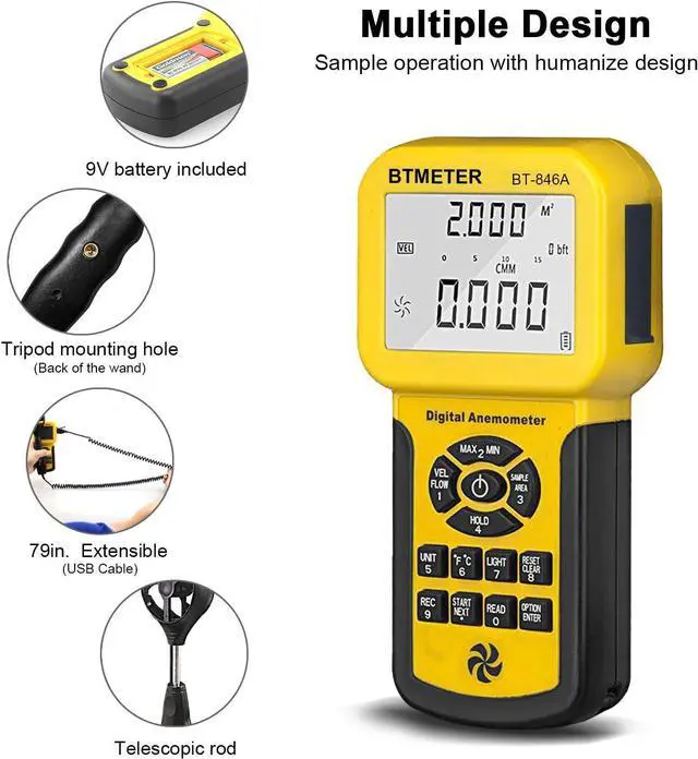 Alt view image 2 of 7 - BT-846A Pro HVAC Anemometer Measures Wind Speed Wind Flow Wind Temperature CFM Air Flow Velocity Meter with Backlight MAX MIN AVG