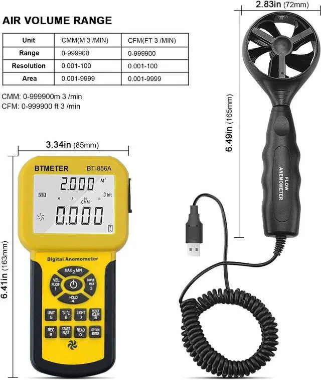 Alt view image 4 of 7 - BT-856A Pro CFM Anemometer Measures Wind Speed, Wind Flow, Wind Temp for HVAC Air Flow Velocity Meter with USB