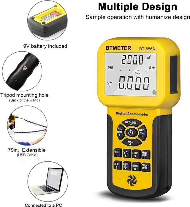 Alt view image 7 of 7 - BT-856A Pro CFM Anemometer Measures Wind Speed, Wind Flow, Wind Temp for HVAC Air Flow Velocity Meter with USB