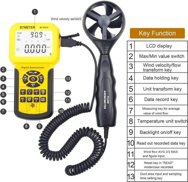 Alt view image 2 of 7 - BT-856A Pro CFM Anemometer Measures Wind Speed, Wind Flow, Wind Temp for HVAC Air Flow Velocity Meter with USB