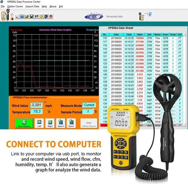 Alt view image 5 of 7 - BT-856A Pro CFM Anemometer Measures Wind Speed, Wind Flow, Wind Temp for HVAC Air Flow Velocity Meter with USB