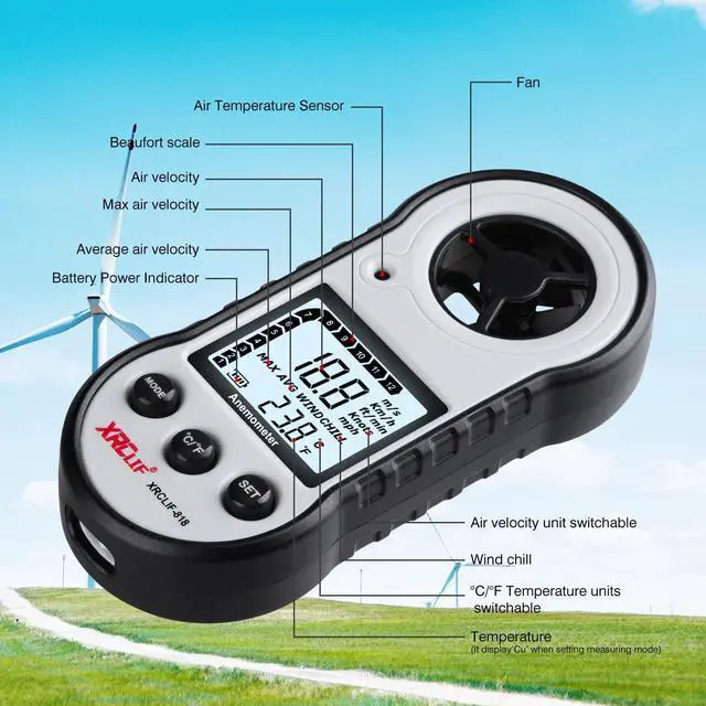 Alt view image 4 of 7 - Digital Wind Speed Meter Anemometer, Handhled Wind Gauges Measuring Wind Chill Temperature Speed, Wind Meter Thermometer Gauge for Shooting Windsurfing Hunting Gray