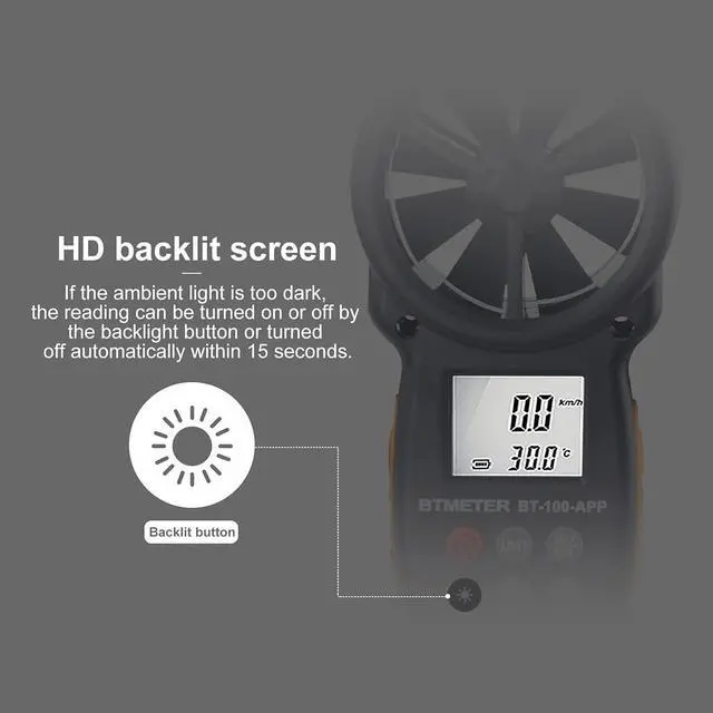 Alt view image 6 of 7 - BT-100 Handheld Anemometer, Digital Wind Speed CFM Meter Gauge Air Flow Velocity Tester for HVAC Shooting Drone, Wind Chill, 14-113 Wind Temperature