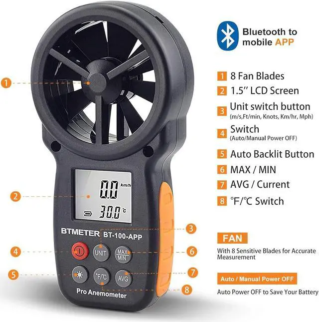 Alt view image 5 of 7 - BT-100 Handheld Anemometer, Digital Wind Speed CFM Meter Gauge Air Flow Velocity Tester for HVAC Shooting Drone, Wind Chill, 14-113 Wind Temperature