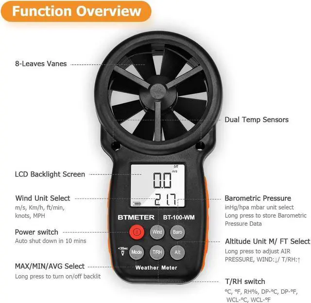 Alt view image 4 of 7 - Digital Anemometer Barometer Handheld, for Wind Speed Temperature Wind Chill Tester w/Humidity, Altitude, Barometric Pressure Meter for Climbing Drone HVAC CFM BT-100WM