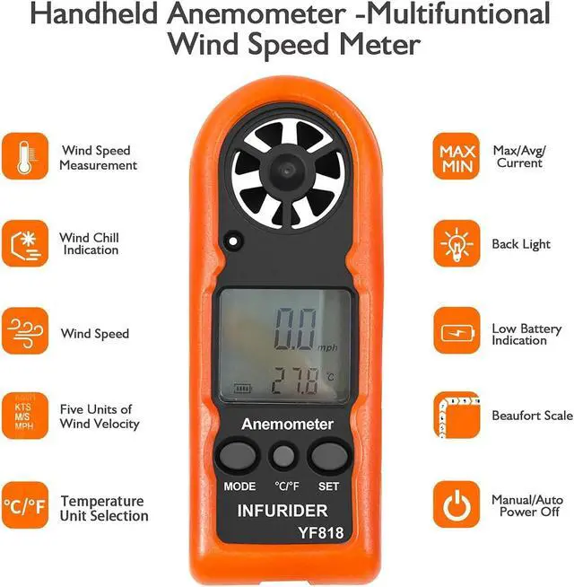 Alt view image 5 of 7 - Digital Anemometer Handheld, INFURIDER YF818 Wind Speed Meter Gauge, Accurate Measures Wind Velocity and Temperature with Wind Chill Backlight MAX/AVG, Airflow Meter for Outdoor Activities