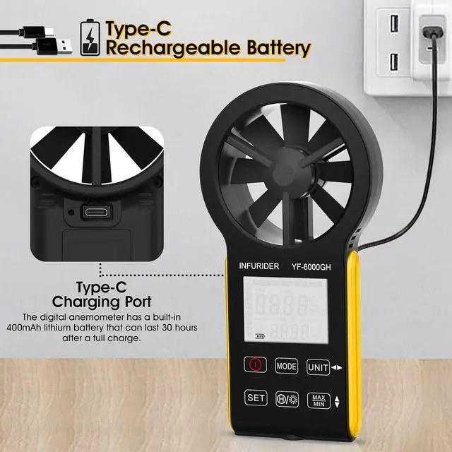 Alt view image 3 of 7 - Rechargeable Anemometer Handheld, Digital Smart Touch Wind Speed Meter,Portable CFM Wind Speed Gauge for Air Flow Velocity Temperature Measurement,HVAC Wind Anemometer Outdoor(INFURIDER YF-6000GH)