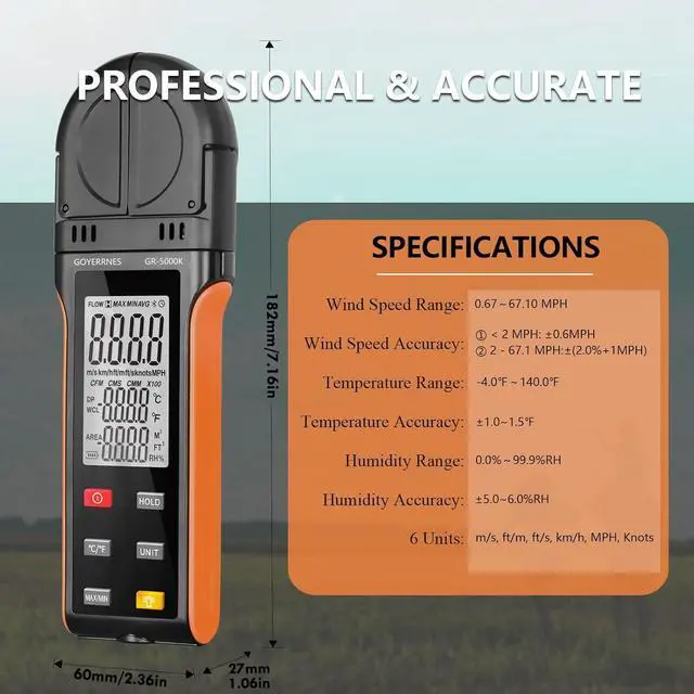 Alt view image 6 of 7 - Handheld Anemometer, Digital Wind Speed, Temperature, Humidity Gauge Meter, Air Flow Velocity CFM Measuring Device for HVAC Outdoor Sailing Shooting Golf