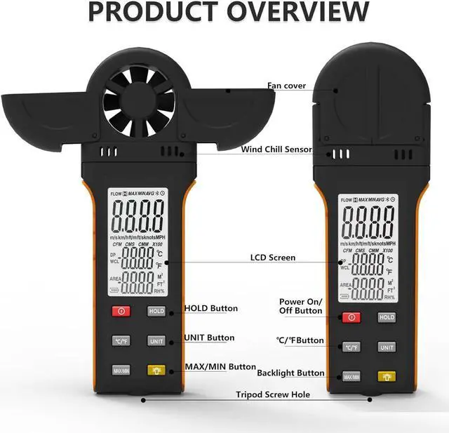 Alt view image 7 of 7 - Handheld Anemometer, Digital Wind Speed, Temperature, Humidity Gauge Meter, Air Flow Velocity CFM Measuring Device for HVAC Outdoor Sailing Shooting Golf