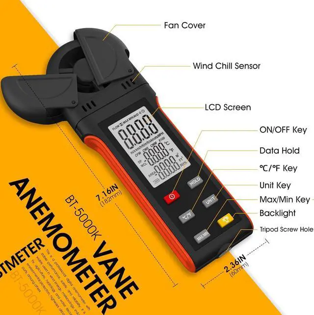 Alt view image 7 of 7 - Handheld Anemometer for Measuring Wind Speed, BT-5000K Digital Air Flow Meter with Vane Cover & 270º Rotatable Detector, Wind Speed Gauge for HVAC Drone Outdoor Sailing Shooting Golf