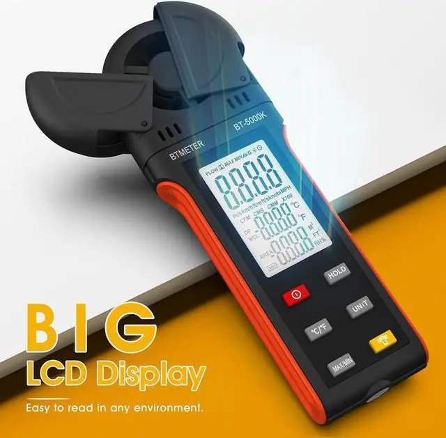 Alt view image 2 of 7 - Handheld Anemometer for Measuring Wind Speed, BT-5000K Digital Air Flow Meter with Vane Cover & 270º Rotatable Detector, Wind Speed Gauge for HVAC Drone Outdoor Sailing Shooting Golf