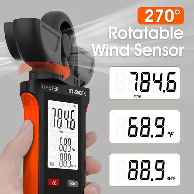 Alt view image 3 of 7 - Handheld Anemometer for Measuring Wind Speed, BT-5000K Digital Air Flow Meter with Vane Cover & 270º Rotatable Detector, Wind Speed Gauge for HVAC Drone Outdoor Sailing Shooting Golf