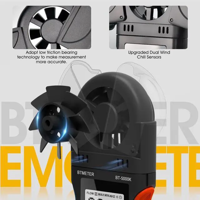 Alt view image 6 of 7 - Handheld Anemometer for Measuring Wind Speed, BT-5000K Digital Air Flow Meter with Vane Cover & 270º Rotatable Detector, Wind Speed Gauge for HVAC Drone Outdoor Sailing Shooting Golf