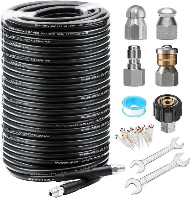 Main image of Sewer Jetter Kit 200 FT for Pressure Washer, 5800 PSI Drain Cleaner Hose 1/4 Inch NPT Corner Rotating and Button Nose Sewer Jetting Nozzle Spanner Watertight Tape Pearl Corsage Pin