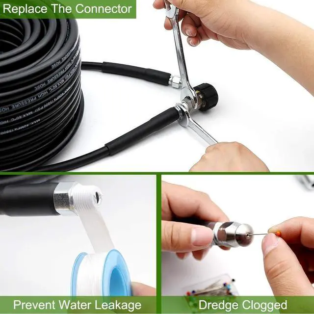 Alt view image 5 of 6 - Sewer Jetter Kit 200 FT for Pressure Washer, 5800 PSI Drain Cleaner Hose 1/4 Inch NPT Corner Rotating and Button Nose Sewer Jetting Nozzle Spanner Watertight Tape Pearl Corsage Pin