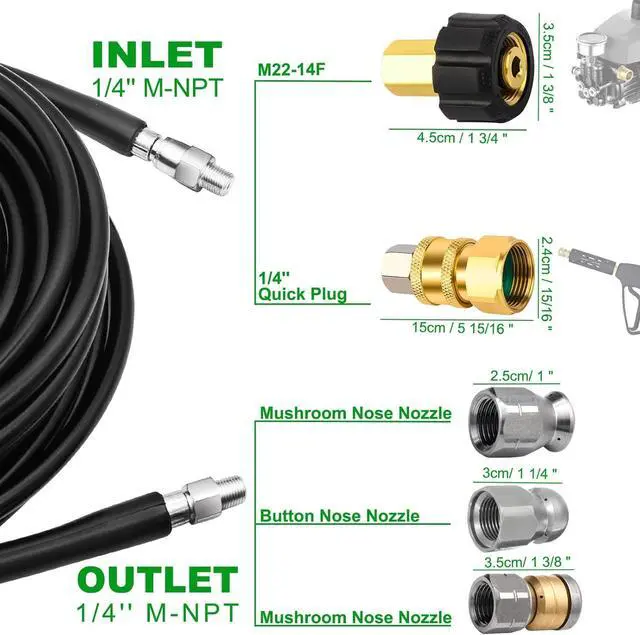 Alt view image 3 of 6 - 150 FT Sewer Jetter Kit for Pressure Washer, 5800PSI Drain Cleaner Hose 1/4 Inch NPT, Corner, Rotating, Button Nose Sewer Jetting Nozzle Watertight Tape Pearl Corsage Pin with 2 Pcs Spanner