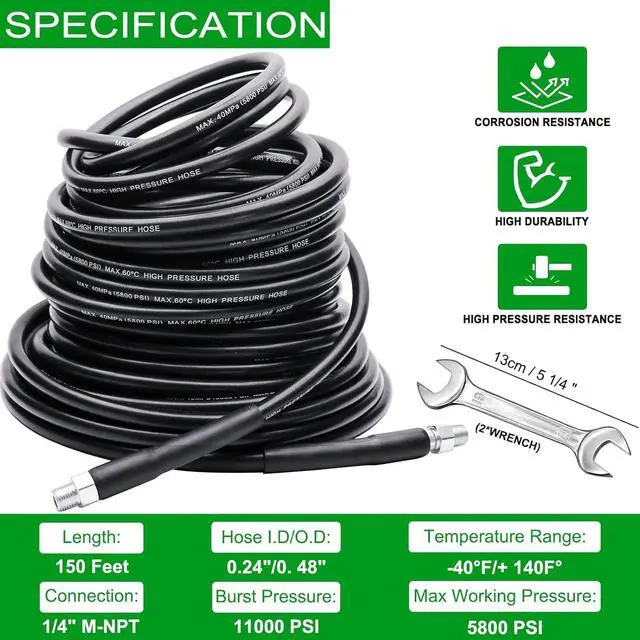 Alt view image 2 of 6 - 150 FT Sewer Jetter Kit for Pressure Washer, 5800PSI Drain Cleaner Hose 1/4 Inch NPT, Corner, Rotating, Button Nose Sewer Jetting Nozzle Watertight Tape Pearl Corsage Pin with 2 Pcs Spanner