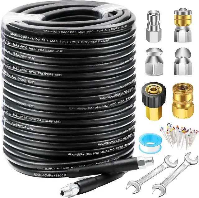 Main image of 150 FT Sewer Jetter Kit for Pressure Washer, 5800PSI Drain Cleaner Hose 1/4 Inch NPT, Corner, Rotating, Button Nose Sewer Jetting Nozzle Watertight Tape Pearl Corsage Pin with 2 Pcs Spanner