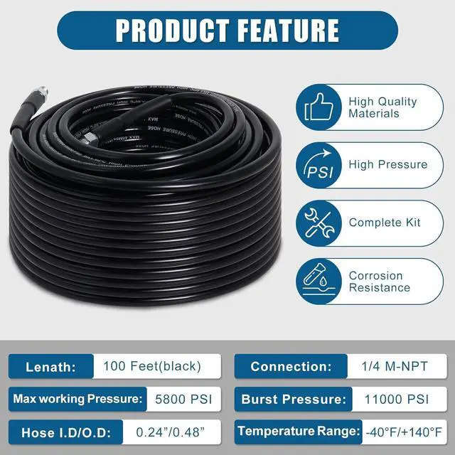 Alt view image 6 of 7 - 100FT Sewer Jetter Kit for Pressure Washer, 5800PSI Drain Cleaner Hose 1/4 Inch NPT Corner with 4 Sewer Jetting Nozzles,Waterproof Tape,Pearl Corsage Pin,Handle Strap & 2 Spanners (Black)