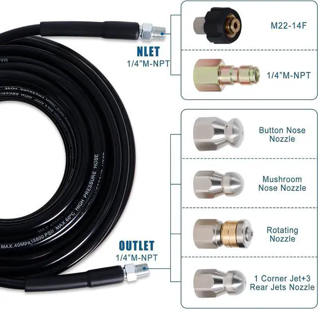 Alt view image 2 of 7 - 100FT Sewer Jetter Kit for Pressure Washer, 5800PSI Drain Cleaner Hose 1/4 Inch NPT Corner with 4 Sewer Jetting Nozzles,Waterproof Tape,Pearl Corsage Pin,Handle Strap & 2 Spanners (Black)