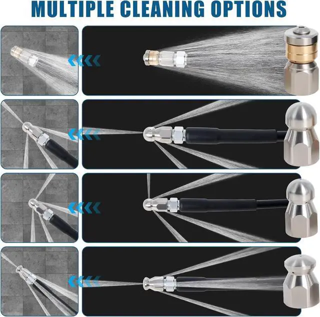 Alt view image 3 of 7 - 100FT Sewer Jetter Kit for Pressure Washer, 5800PSI Drain Cleaner Hose 1/4 Inch NPT Corner with 4 Sewer Jetting Nozzles,Waterproof Tape,Pearl Corsage Pin,Handle Strap & 2 Spanners (Black)