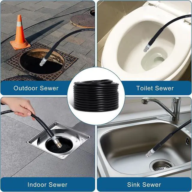 Alt view image 4 of 7 - 100FT Sewer Jetter Kit for Pressure Washer, 5800PSI Drain Cleaner Hose 1/4 Inch NPT Corner with 4 Sewer Jetting Nozzles,Waterproof Tape,Pearl Corsage Pin,Handle Strap & 2 Spanners (Black)